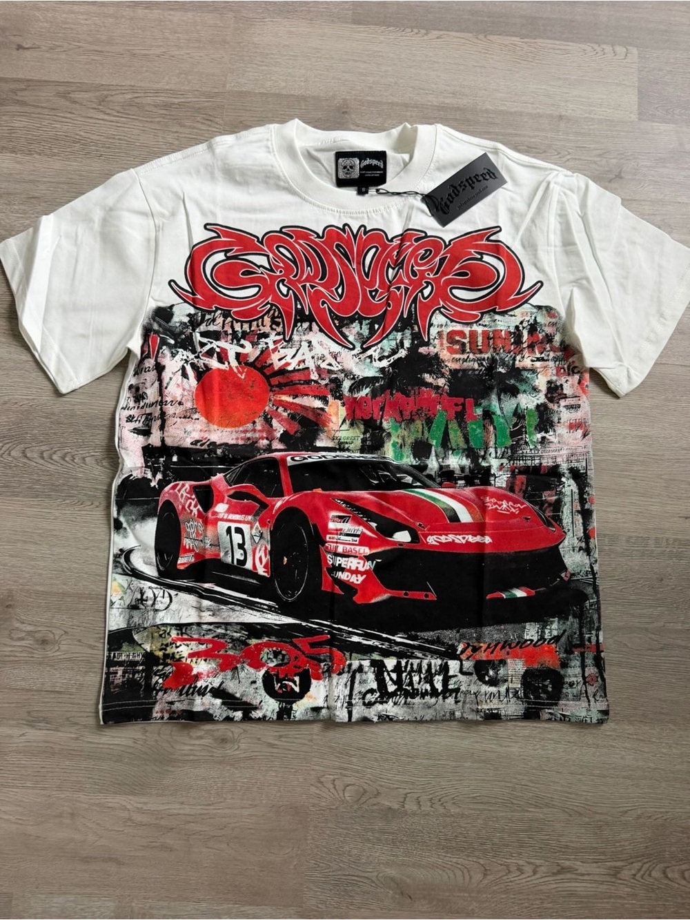 Graphic Racing Car Short Sleeve Tee - White/Red